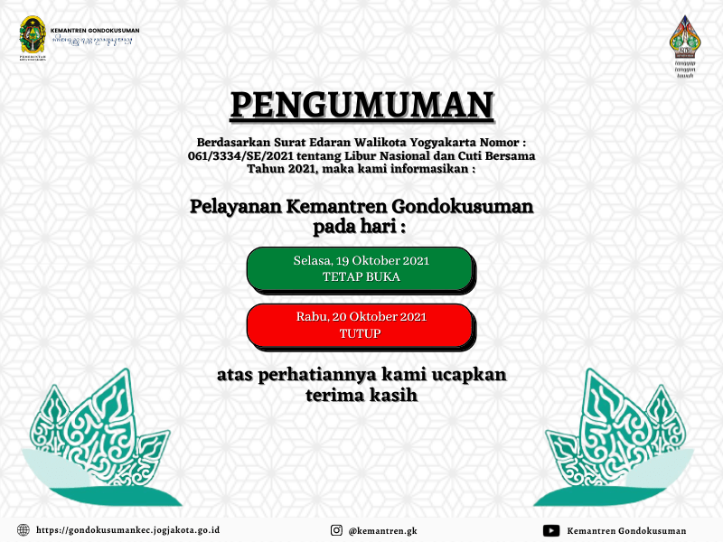 BESOK PELAYANAN KEMANTREN GONDOKUSUMAN KOTA YOGYAKARTA TETAP BUKA